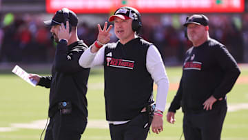 Texas Tech head coach Joey McGuire signals to the officials during a Big 12 Conference football game, Saturday, Nov. 8, 2025, at Jones AT&T Stadium.