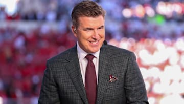 ESPN host Rece Davis sits on the College GameDay set before a Big 12 Conference football game, Saturday, Nov. 8, 2025, at Jones AT&T Stadium.