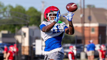 Receiver Decoldest Crawford catching the ball during the LA Tech “Red River Run Through” on Tuesday, April 23, 2024, in Bossier City, La.