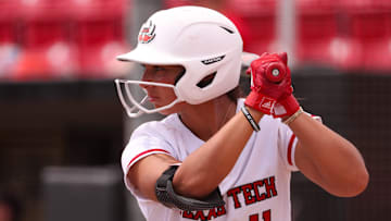 Texas Tech's Lauren Allred awaits a pitch against Houston during a Big 12 Conference softball game, Sunday, April 13, 2025, at Rocky Johnson Field.