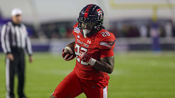 Texas Tech running back Tahj Brooks (28) barreling toward the end zone during the 47th Radience Technology Independence Bowl Saturday evening, December 16, 2023, in Shreveport, La.