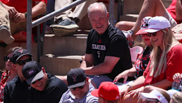 Joey McGuire and members of the Texas Tech football coaching staff attend the Lubbock Regional championship game of the 2025 NCAA softball tournament, Sunday, May 18, 2025, at Rocky Johnson Field.