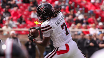 Terrance Carter Jr. catches a touchdown during the Texas Tech football team's spring game, Saturday, April 19, 2025, at Jones AT&T Stadium.