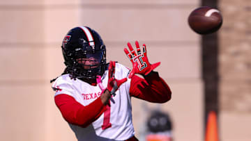Texas Tech's Terrance Carter Jr. catches a pass during spring football practice, Monday, March 10, 2025, at the Womble Football Center.