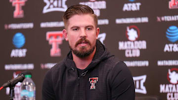 Texas Tech football offensive coordinator Mack Leftwich speaks during his introductory press conference, Thursday, Dec. 12, 2024, in the South End Zone Building at Jones AT&T Stadium.