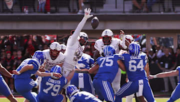 Texas Tech's Romello Height attempt to block a BYU field goal during a Big 12 Conference football game, Saturday, Nov. 8, 2025, at Jones AT&T Stadium.