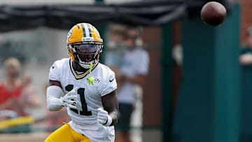 Green Bay Packers wide receiver Jayden Reed (11) catches a pass during the first day of training camp on Wednesday, July 23, 2025, at Ray Nitschke Field in Ashwaubenon, Wis. 
Tork Mason/USA TODAY NETWORK-Wisconsin