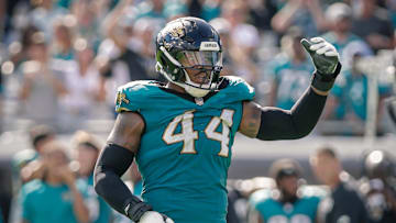 Sep 21, 2025; Jacksonville, Florida, USA; Jacksonville Jaguars defensive end Travon Walker (44) before the play against the Houston Texans at EverBank Stadium. 