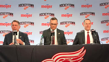 From left: Ken Holland, Steve Yzerman and Christopher Ilitch at Little Caesars Arena in Detroit on April 19, 2019.

Wings Conference