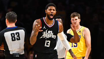 Nov 1, 2023; Los Angeles, California, USA;  LA Clippers forward Paul George (13) reacts against the Los Angeles Lakers during the second half at Crypto.com Arena. Mandatory Credit: Jonathan Hui-USA TODAY Sports