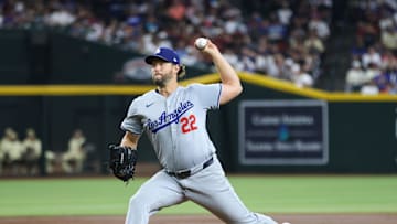 Los Angeles Dodgers pitcher Clayton Kershaw (22) delivers a pitch on Aug. 30, 2024 at Chase Field in Phoenix.