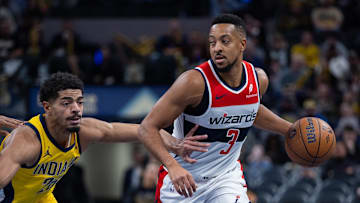 Nov 28, 2025; Indianapolis, Indiana, USA; Washington Wizards guard CJ McCollum (3) dribbles the ball while  Indiana Pacers guard Ben Sheppard (26) defends in the second half at Gainbridge Fieldhouse. Mandatory Credit: Trevor Ruszkowski-Imagn Images