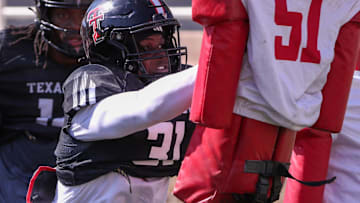 Texas Tech's David Bailey goes through a drill during spring football practice, Tuesday, April 15, 2025, at Jones AT&T Stadium.