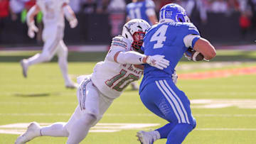 Texas Tech's Jacob Rodriguez tackles BYU running back LJ Martin during a Big 12 Conference football game, Saturday at Jones AT&T Stadium.