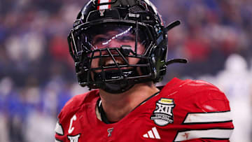 Texas Tech's Jacob Rodriguez celebrates a BYU turnover during the Big 12 Conference championship football game, Saturday, Nov. 6, 2025, at AT&T Stadium in Arlington.