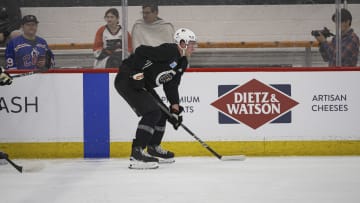 Hunter McDonald, a 2022 sixth-round pick, getting ready for a drill during the Philadelphia Flyers development camp.