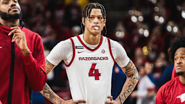 Trevon Brazile (4) during Arkansas' 75-60 win over UTSA inside Bud Walton Arena.