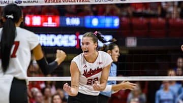 Lindsay Krause celebrates a kill in the first set. 