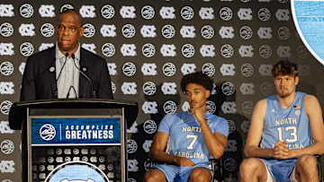 UNC head coach Hubert Davis along with players Seth Trimble and Henri Veesaar at ACC Tipoff.; Oct. 7, 2025