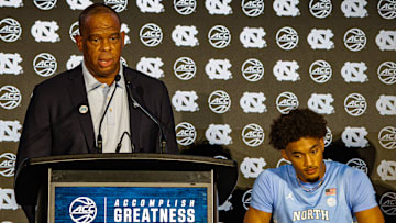 North Carolina head coach Hubert Davis and senior Seth Trimble at the 2025 ACC Tipoff