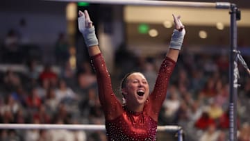 Alabama gymnast Ryan Fuller finishes as the Session 1 winner on the uneven bars at the SEC Championships on March 22, 2025. The freshman calmly posted a career-high 9.950. 