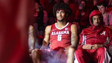 Alabama forward Amari Allen gets ready to run out during starting line ups against Clemson on Dec. 3, 2025.