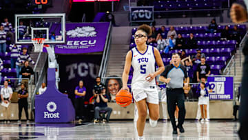 Olivia Miles dribbles up the court in TCU women's basketball's 93-57 win against UTRGV on Sunday, Nov. 23, 2025 at Schollmaier Arena in Fort Worth, TX.