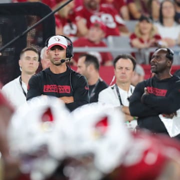 Arizona Cardinals head coach Jonathan Gannon watches during a preseason game on Aug. 10, 2024 at State Farm Stadium in Glendale.