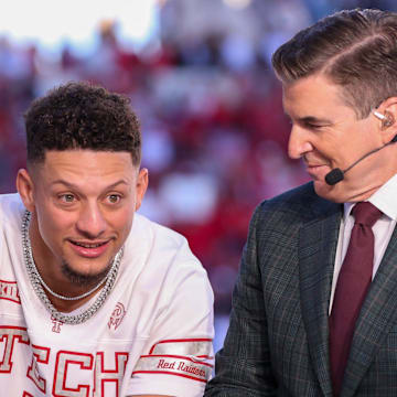 Texas Tech alum and Kansas City Chiefs quarterback Patrick Mahomes joins the College GameDay set as the guest picker before a Big 12 Conference football game, Saturday, Nov. 8, 2025, at Jones AT&T Stadium.