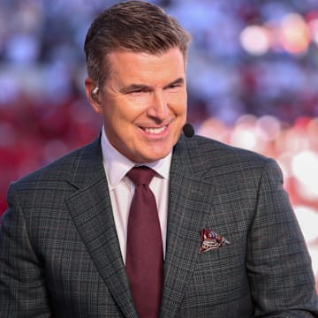 ESPN host Rece Davis sits on the College GameDay set before a Big 12 Conference football game, Saturday, Nov. 8, 2025, at Jones AT&T Stadium.