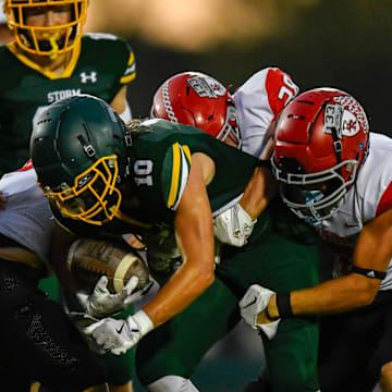 Sauk Rapids football senior Deagan Gondeck Sept. 27 in a home game against Elk River. The Storm lost 58-19.