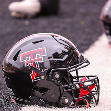 A Texas Tech helmet is seen before the the Texas Tech football team's spring game, Saturday, April 19, 2025, at Jones AT&T Stadium.