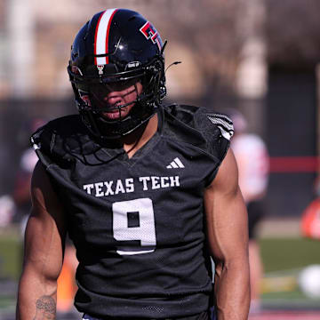 Texas Tech's Romello Height awaits his turn during a drill during spring football practice, Monday, March 10, 2025, at the Womble Football Center.