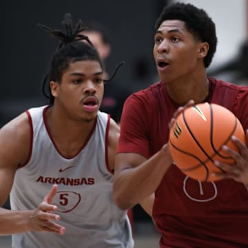 Razorbacks guard Meleek Thomas at practice at the Eddie Sutton Practice Center in Fayetteville, Ark.