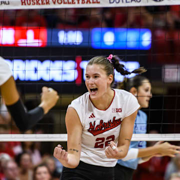 Lindsay Krause celebrates a kill in the first set. 