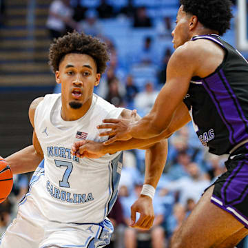 North Carolina guard Seth Trimble during a game against Central Arkansas. The Tar Heels won 94-54; Nov. 3, 2025