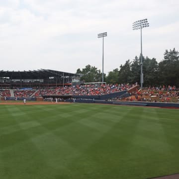 Outfield view of the Virginia baseball game against Duke in the Super Regional of the 2023 NCAA Baseball Tournament at Disharoon Park.