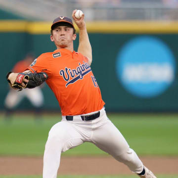 Evan Blanco delivers a pitch during the Virginia baseball game at the College World Series in Omaha.