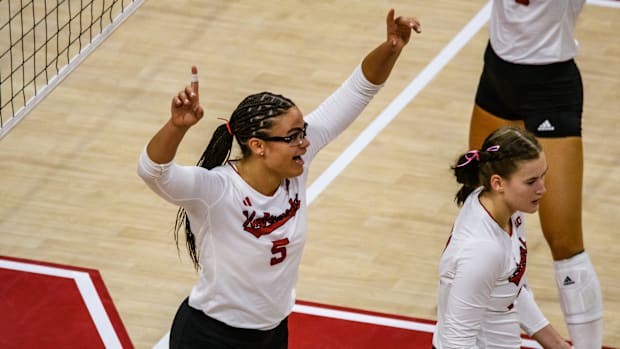 Nebraska Volleyball Rebekah Allick celebrates a Husker kill.  