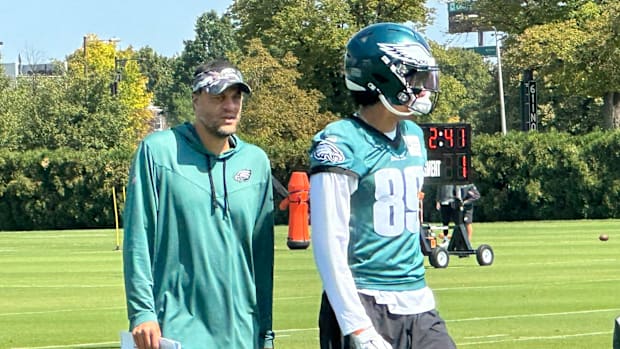 Eagles WR Johnny Wilson with Aaron Moorehead before practice on Sept. 14, 2024.