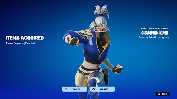 Fortnite Champion Kuno skin in a fighting pose on a blue background.