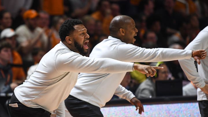Assistant coaches Rod Clark (left) and Justin Gainey (right) for Tennessee yell from the sidelines during the NCAA game against Kentucky at Thompson-Boling Arena at Food City Center in Knoxville, Saturday, March 9, 2024.
