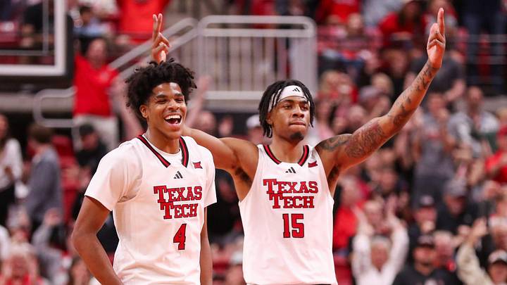Texas Tech players Christian Anderson (4) and JT Toppin 