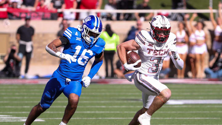Texas Tech's Coy Eakin runs after a catch against BYU during a Big 12 Conference football game, Saturday, Nov. 8, 2025, at Jones AT&T Stadium.