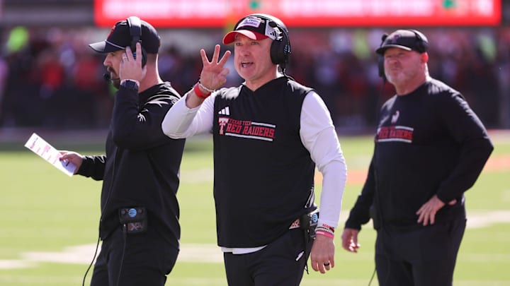 Texas Tech head coach Joey McGuire signals to the officials during a Big 12 Conference football game, Saturday, Nov. 8, 2025, at Jones AT&T Stadium.