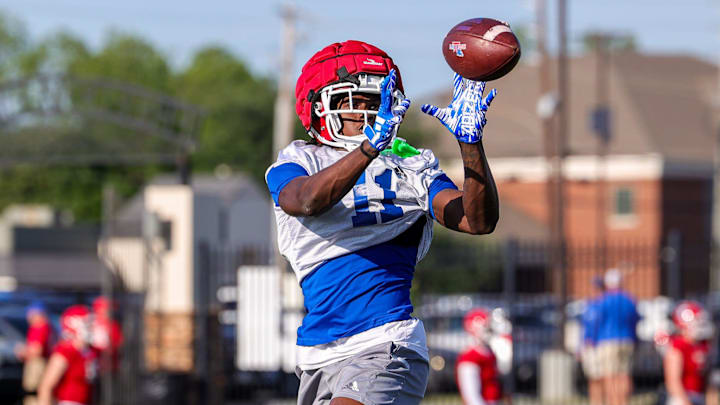 Receiver Decoldest Crawford catching the ball during the LA Tech “Red River Run Through” on Tuesday, April 23, 2024, in Bossier City, La.