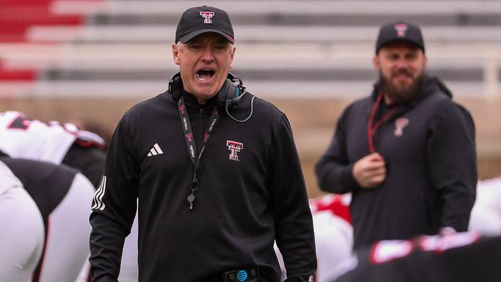Head coach Joey McGuire offers words of encouragement before the Texas Tech football team's spring game, Saturday, April 19, 2025, at Jones AT&T Stadium.