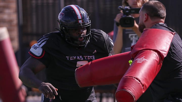 Texas Tech's Lee Hunter goes through a drill during spring football practice, Tuesday, April 8, 2025, at the Womble Football Center