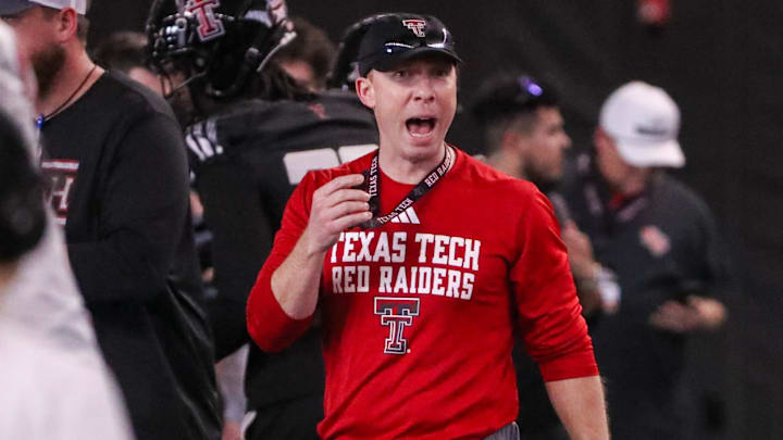 Texas Tech defensive coordinator Shiel Wood leads a drill during spring football practice, Monday, March 10, 2025, at the Womble Football Center.