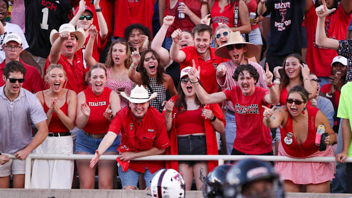 Texas Tech fans celebrate Coy Eakin's touchdown against Arkansas-Pine Bluff during a non-conference football game, Saturday, August 30, 2025, at Jones AT&T Stadium.